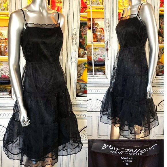 Vintage Betsey Johnson New York Sheer Black Embroidered Tiered Slip Dress 6 S - Picture 1 of 16